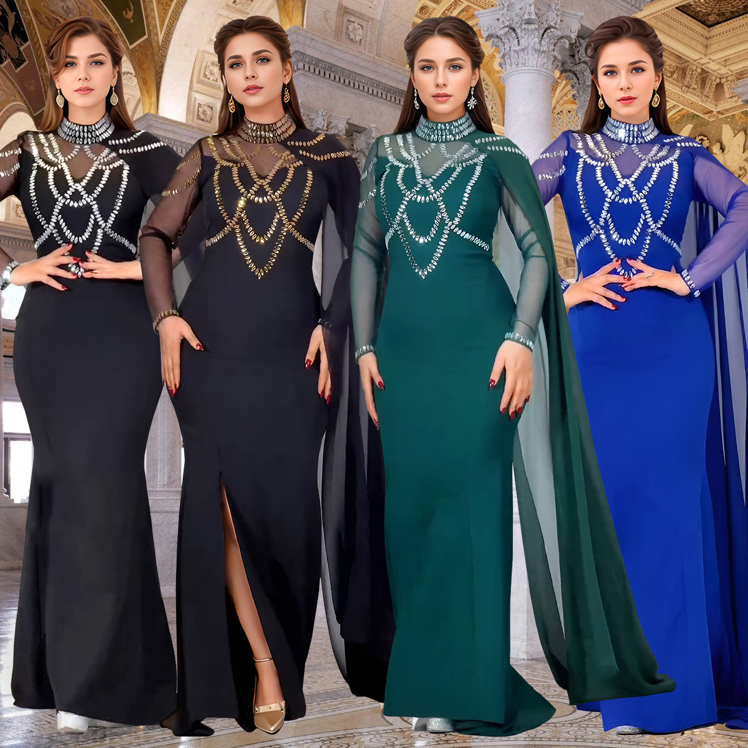 C7260 Cross-border AliExpress Amazon Ropa de mujer de moda europea y americana Elegante vestido de chal de brazo delgado de diamantes calientes image 1