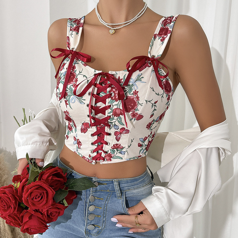 Cross-border New French Retro Printed Sexy Short Lace-up Body Shaping Corset European and American Floral Camisole Top