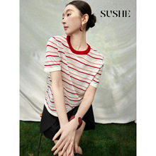 5100# 束皙SUSHE【熙语】复古撞色条纹上衣女士针织衫正肩短袖t恤