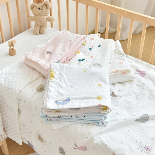 Baby pure cotton embroidered blanket, children's gauze beanie fleece cartoon printed blanket, kindergarten baby lunch break blanket