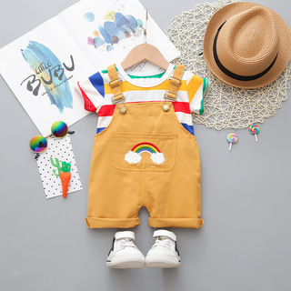 Summer new casual version of children's baby short-sleeved suit large striped round neck short-sleeved rainbow suspender shorts two pieces