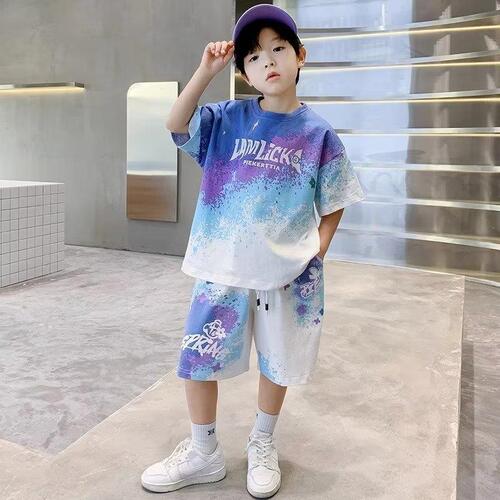Boys summer suit loose sportswear  new big children's trendy brand street children's printed two-piece short-sleeved set