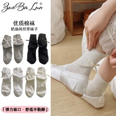 网红蝴蝶结袜子女秋冬可爱纯棉洛丽塔芭蕾风中筒袜白色jk潮流袜子