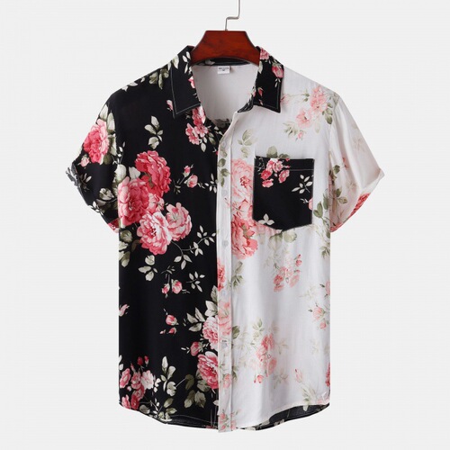 Dropshipping for eBay AliExpress Amazon 2024 Summer New Men's Floral Patchwork Short-Sleeve Shirt
