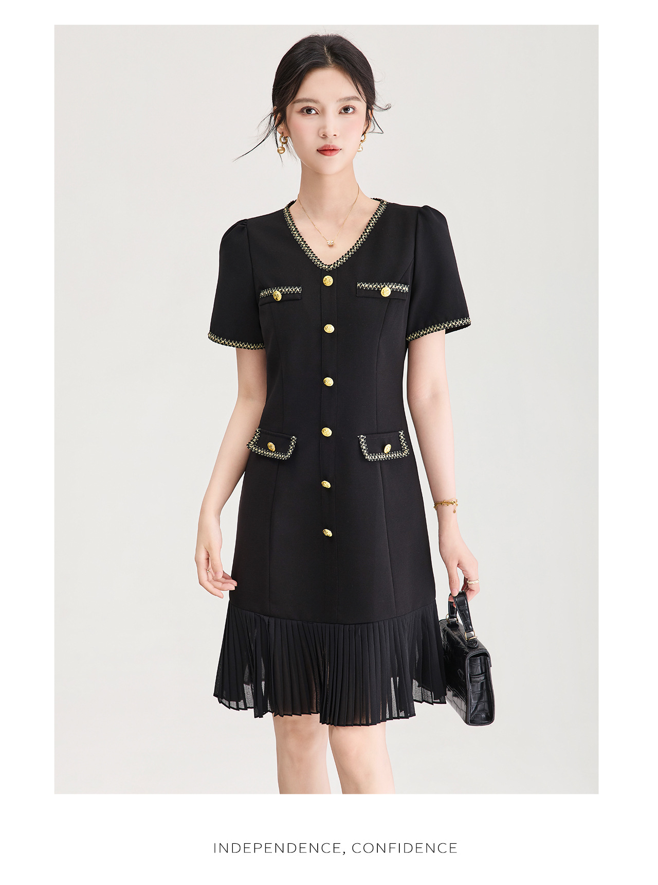 Đầm nữ cổ tròn tay ngắn thắt eo phong cách Chanel — màu đen chi tiết 18