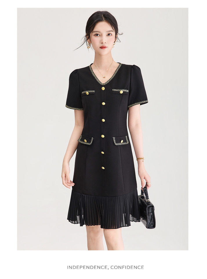 Đầm nữ cổ tròn tay ngắn thắt eo phong cách Chanel — màu đen chi tiết 18
