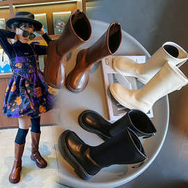 女童骑士靴春秋单靴2023新款秋季英伦风黑色长靴小女孩儿童高筒靴