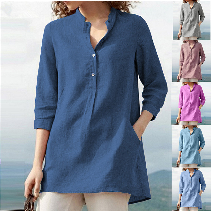 Ebay2021 Autumn European and American Women's Clothing Three-Quarter Sleeve Stand-Up Collar Cotton and Linen Pullover Shirt Workwear Style Splicing Loose Fit