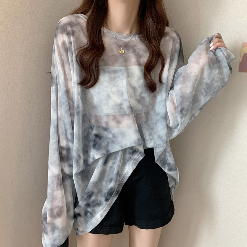 メッシュ日焼け防止服夏の新しい外国貿易カジュアルカジュアルプリントプルオーバー長袖女性の Tシャツトップスシースルー|undefined