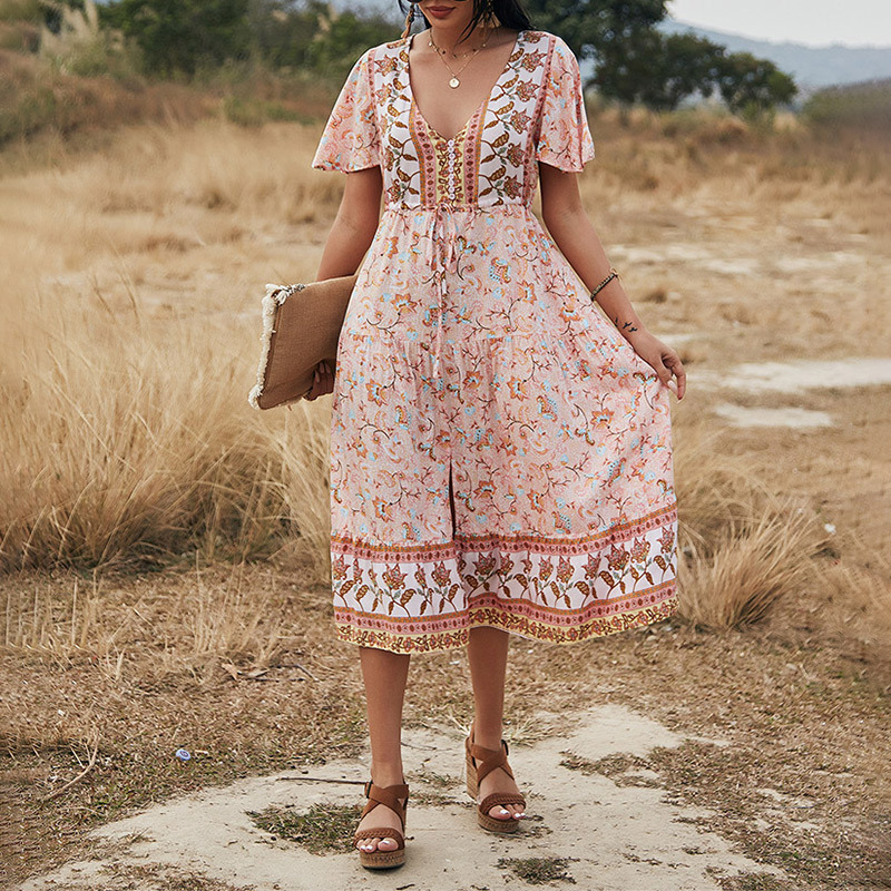 V-neck temperament waist holiday style dress NSKA39131