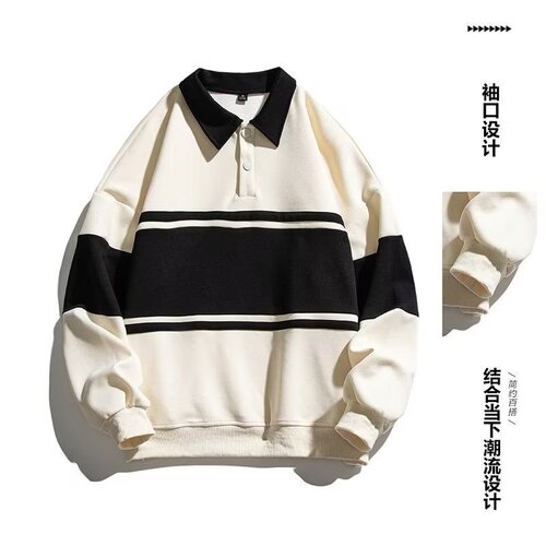 Men's Striped Sweatshirt Spring Hong Kong Style Collar Loose Long Sleeve Cotton Couple's Top POLO Shirt