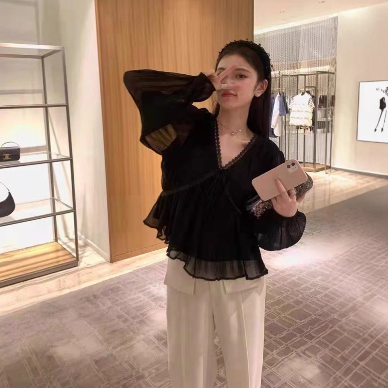 仙气v领蕾丝雪纺衫女2025春秋季新款韩系长袖上衣显瘦气质小衫潮|undefined