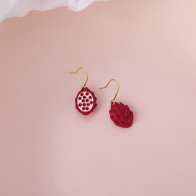 Korean Style Asymmetric Rhinestone Red Heart Dragon Fruit Earrings display picture 7