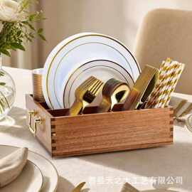 跨境木质厨房台面刀叉筷子餐具收纳盒复古可旋转分格化妆品整理盒