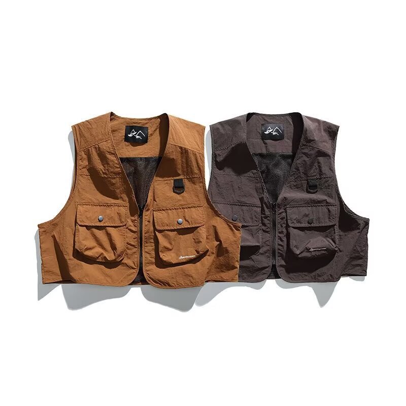 Japanese-Style Workwear Vest Jacket Bf American Multi-Pocket Versatile Vest Sleeveless Cardigan Top Fashion Casual