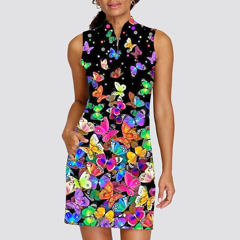 Summer Women's Golf dress Breathable Quick-drying Sweat-wicking Sleeveless dress Tennis Zipper Butterfly Print
