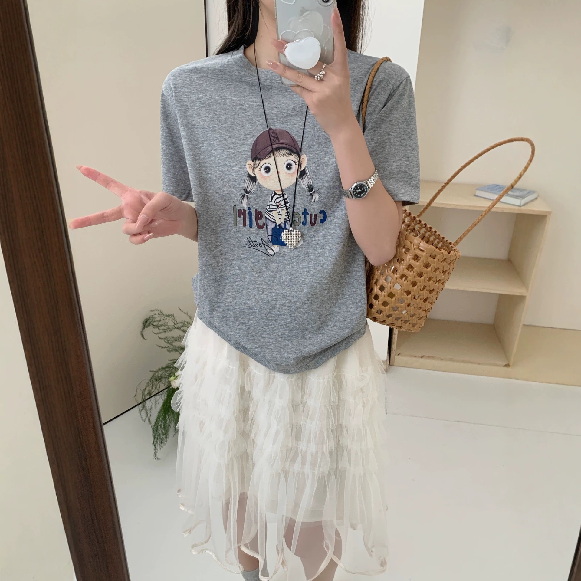 X363雪花棉印花T恤女2026夏韩系ins风简约时尚休闲百搭T恤女短袖