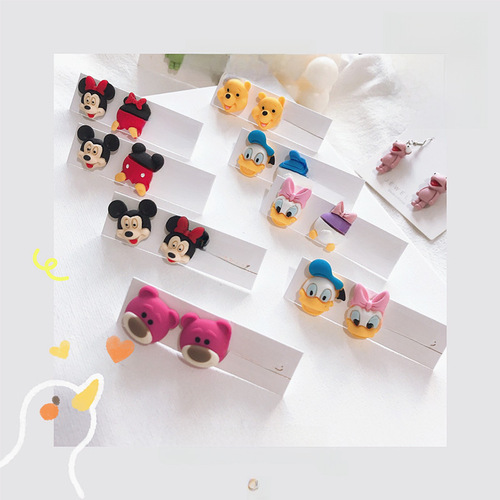 SHIER Japanese Style Mickey Cute Ear Pins Donald Duck Strawberry Bear Cartoon 925 Silver Asymmetric Earrings