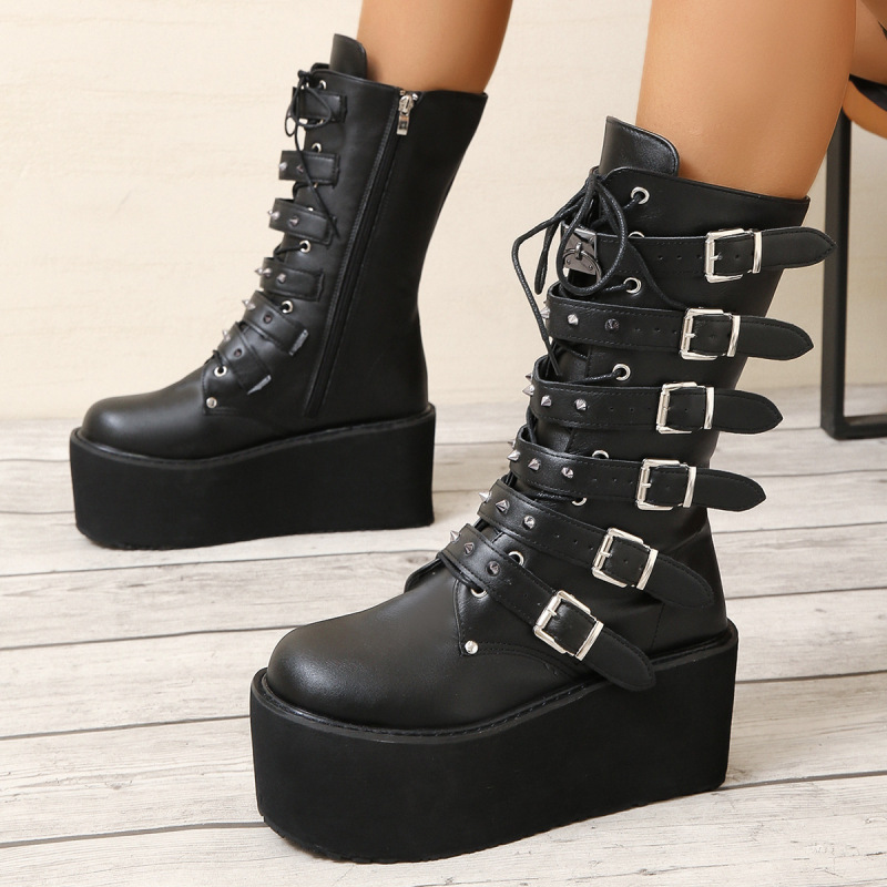 Punk style rivet mid-calf Knight boots for women 2022 autumn and winter New thick-soled high heel belt buckle plus size 43 women's boots