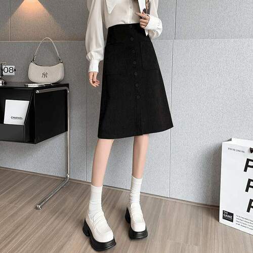 Corduroy half skirt for women in spring and autumn and winter new high-waisted long skirt a-line skirt