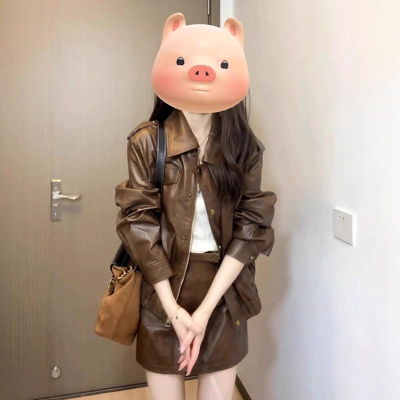 Korean Retro Lapel Pu Leather Jacket Women's Autumn and Winter New Loose and Versatile Motorcycle Style Jacket Skirt Suit