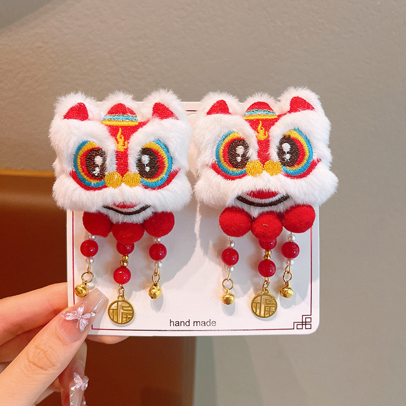 2025 Año Nuevo de peluche despierta león clips de Año Nuevo niñas clips de cabello bebé estilo chino Hanfu clips de cabello adornamiento
