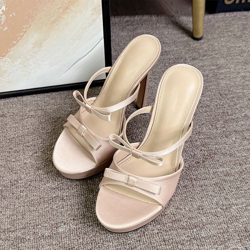 In Stock for Immediate Delivery~ Pastel-Colored Waterproof Platform High-Heeled Shoes That Are Comfortable, Round-Toe Sandals, Fairy-Like Gentle Bow-Knot Slippers