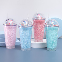 韓式卡通獨角獸吸管杯可愛簡約微景水杯雙層爽飲塑料杯帶燈LOGO