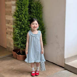 韩版童装女童连衣裙2026夏款裙子洋气蓝色竖条纹露背背心裙公主裙