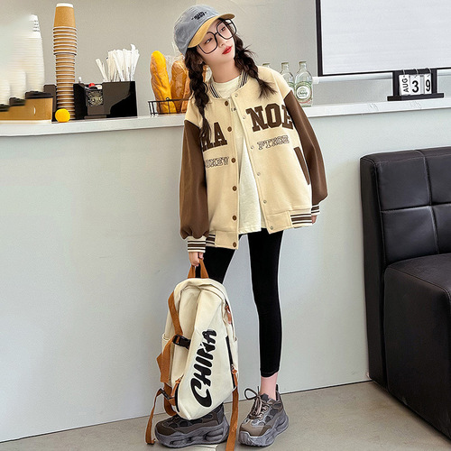 Women's Spring and Autumn 2024 New Children's Stylish Color-blocked Spring Top for Older Children, Spring Baseball Jacket