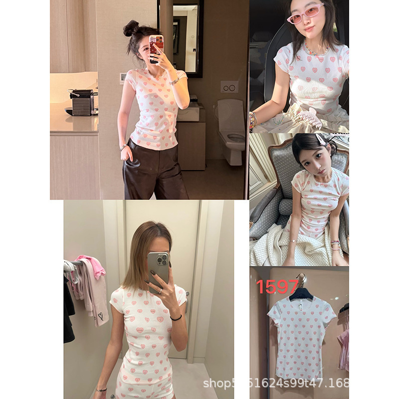 In Stock Now! 26 New Sk Full-Print Logo Kendall Jenner Style Slim-Fit Heart-Shaped Spaghetti Strap Dress Short-Sleeve T-Shirt Top for Women