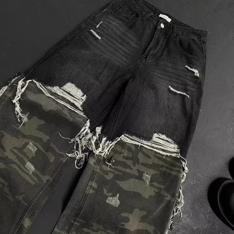 Men's Streetwear Distressed Denim Pants Baggy Ripped Jeans Camouflage Patchwork Layered Fake Two-Piece Design_voghion.com