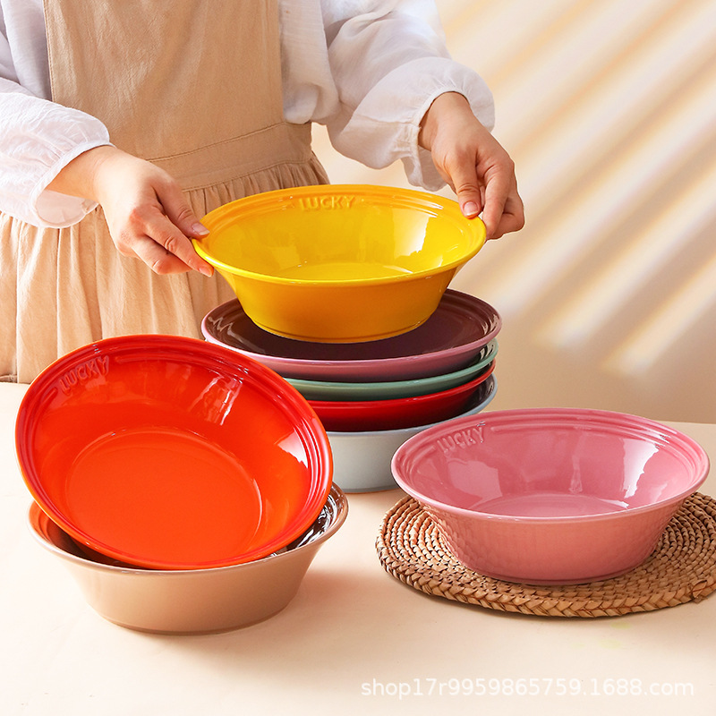 French gradient rainbow ceramic large noodle bowl soup bowl household snail powder soup bowl creative high-looking fruit salad bowl