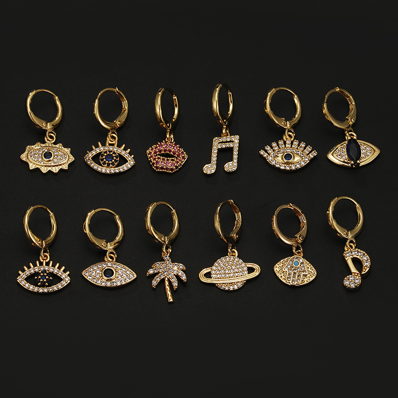 Daily Occasion Copper Material Fashion Devil's Eye Coconut Tree Notes Copper Plating Inlay Zircon Drop Earrings 1 Piece