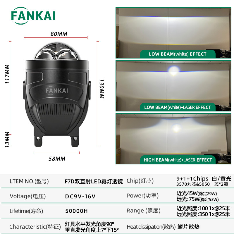 Nuevo F7D doble luz directa LED delantera niebla doble lente de luz transfronteriza brillante al por mayor 3.0 pulgadas cerca de todo