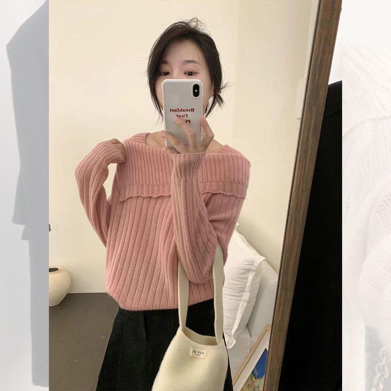 设计感斜肩花朵灰色毛衣针织衫女韩系氛围感穿搭露肩长袖上衣笙陇|undefined