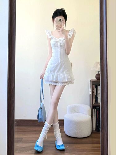 White dress, woman's summer beautiful first love, small white dress, summer beautiful dress, pure waist pinching a-line short skirt