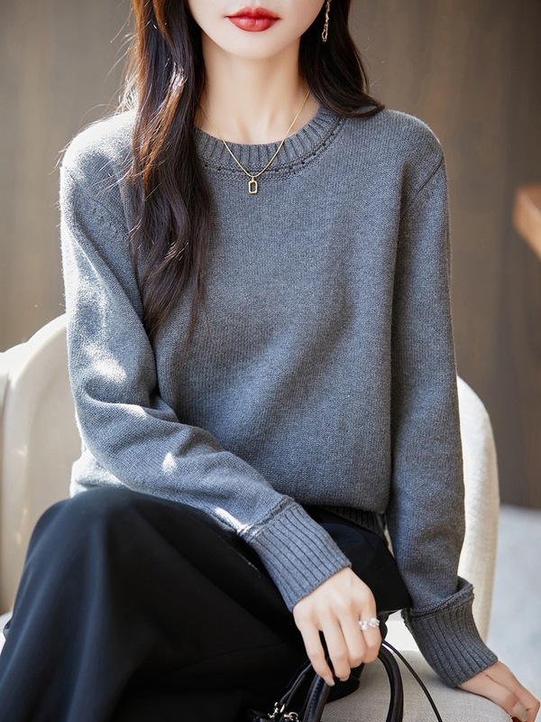 重磅纯棉加厚针织打底衫女法式圆领毛衣2025新款宽松休闲保暖上衣|undefined