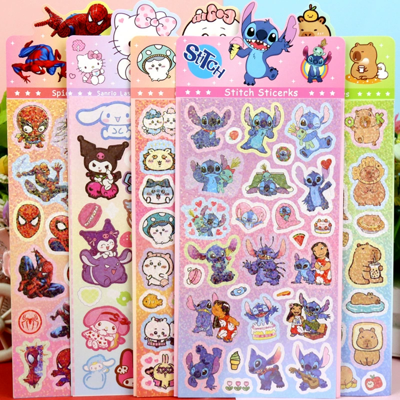Наклейки-стикеры Stitch Sanrio Capibara Spider-Man Shanhaijing Labubu Jibbitz Kawaii Laser Goo Card