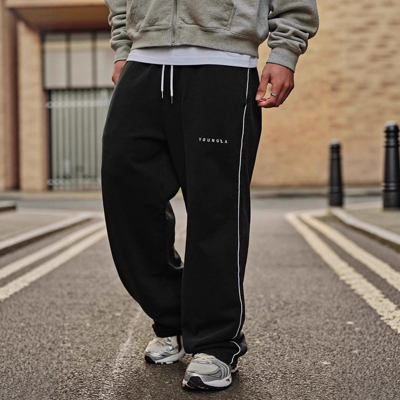 Youngla Male Sweatpants American Jogger Muscle Sports Fitness Training Trousers Cotton Embroidery Wide Leg Pants