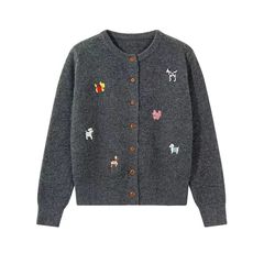 2025 韓国ブルー刺繍ラウンドネックニットカーディガンジャケット女性の秋と冬の新しい怠惰なスタイルソフトワックスルーズアウター