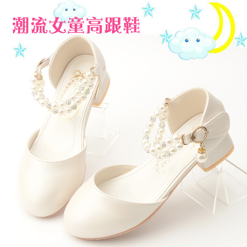 春秋季新款闪钻珍珠女童高跟公主鞋韩版学生白色表演皮鞋儿童单鞋