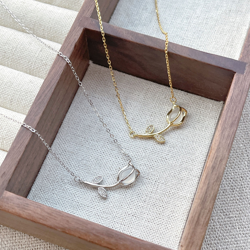 S925纯银郁金香项链女轻奢小众设计甜美花朵锁骨链气质闺蜜项饰