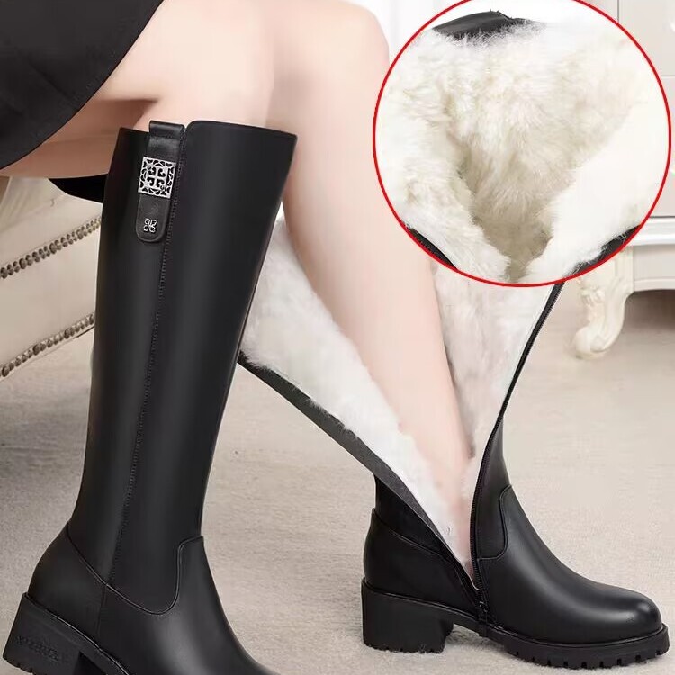 2025 Genuine Leather European Style First Layer Cowhide Long Boots for Women, Winter Fleece-Lined Thick-Soled High-Top Riding Boots, Fleece-Lined for Warmth