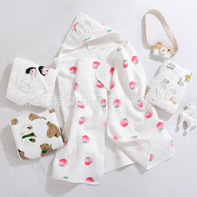 Four-layer gauze bath towel for children with hooded marshmallow cape soft cartoon baby bathrobe bath towel