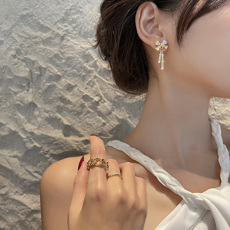 simple style long full diamond tassel bow earrings