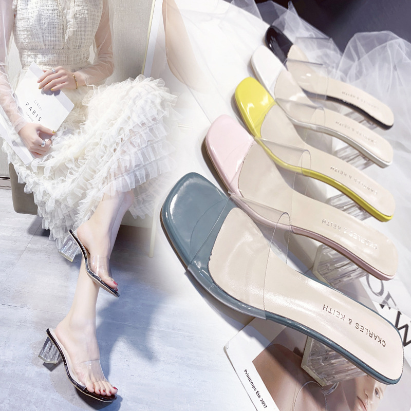 2024 Spring and Summer New Style Seaside Vacation Thick-Heeled Transparent Sandals for Women, Fairy-Style Cool Slippers, Women's High-Heeled Beach Sandals