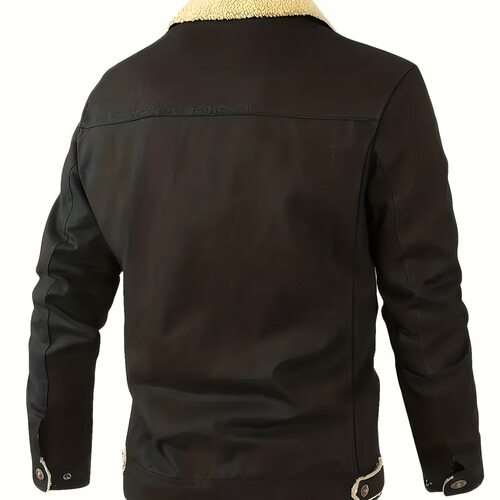 Autumn and winter plus-size men's polyester fleece-lined workwear jacket, youth British-style lapel coat