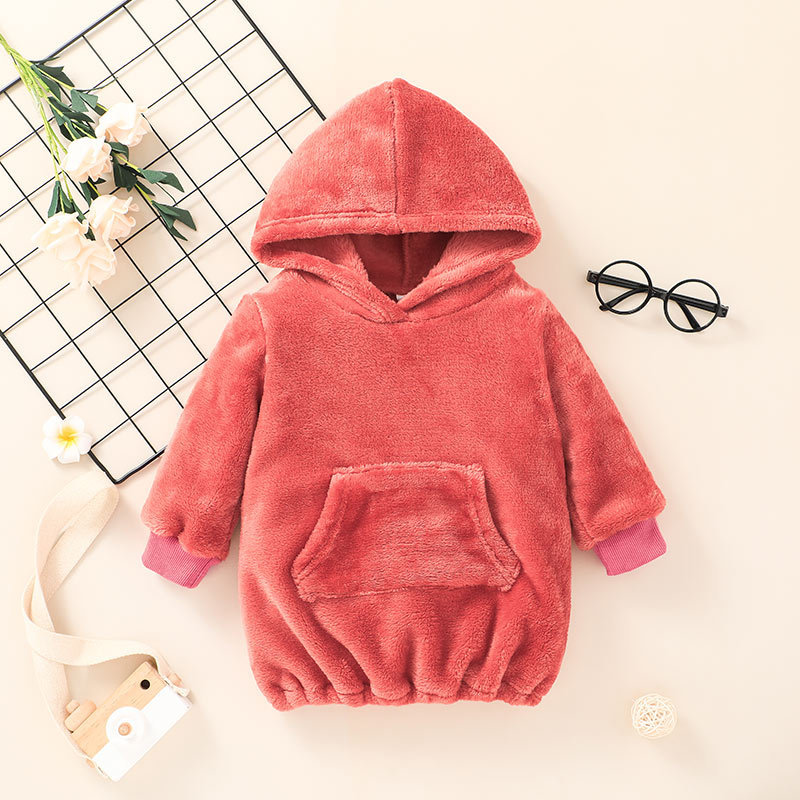 2021 Autumn And Winter Solid Color Plush Hooded Jacket Infant Pullover Fashion Children's Clothing In Stock Wholesale display picture 2