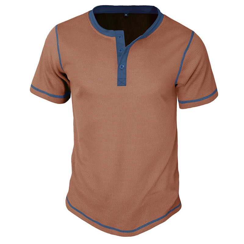 Herren 2023 Sommer Kurzarm Henley Shirt Schönes lässiges Retro T-Shirt Waffel Farbblock Rundhalsshirt_voghion.com